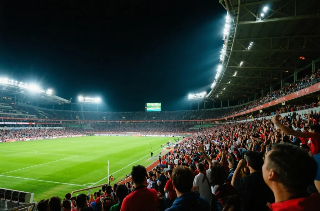Vibrant football stadium filled with passionate fans under bright stadium lights at night
