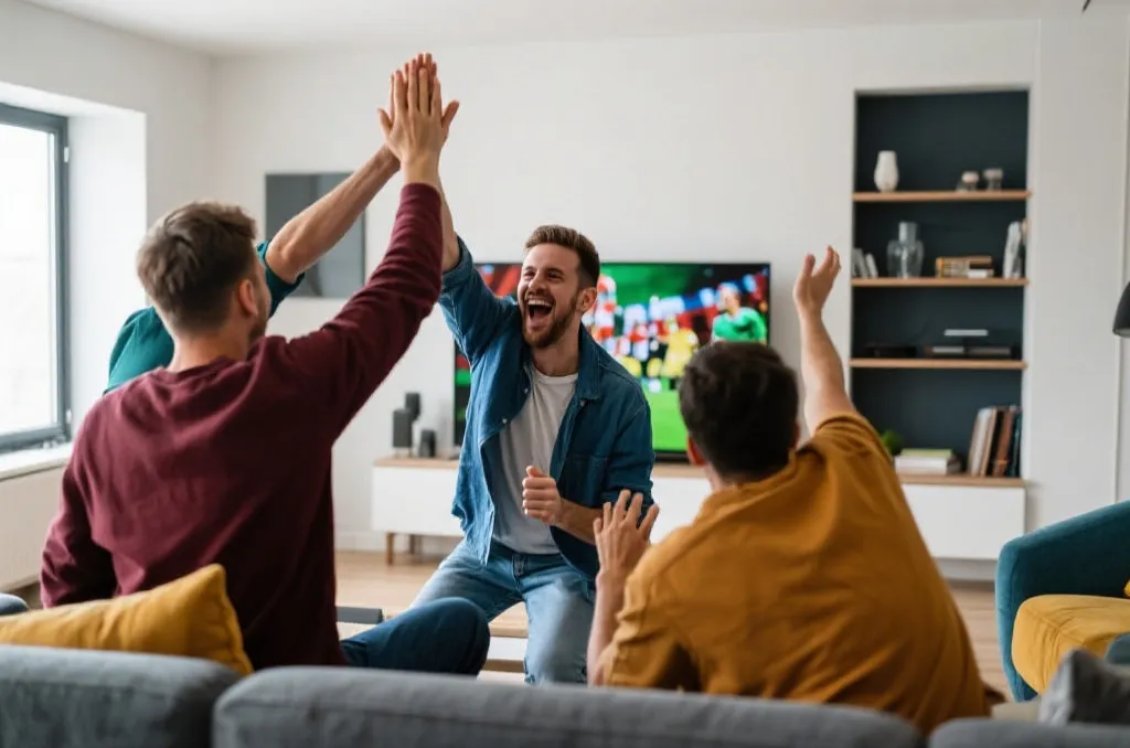 Excited sports fans high-fiving and celebrating a victory in a modern home lounge in front of a big TV screen